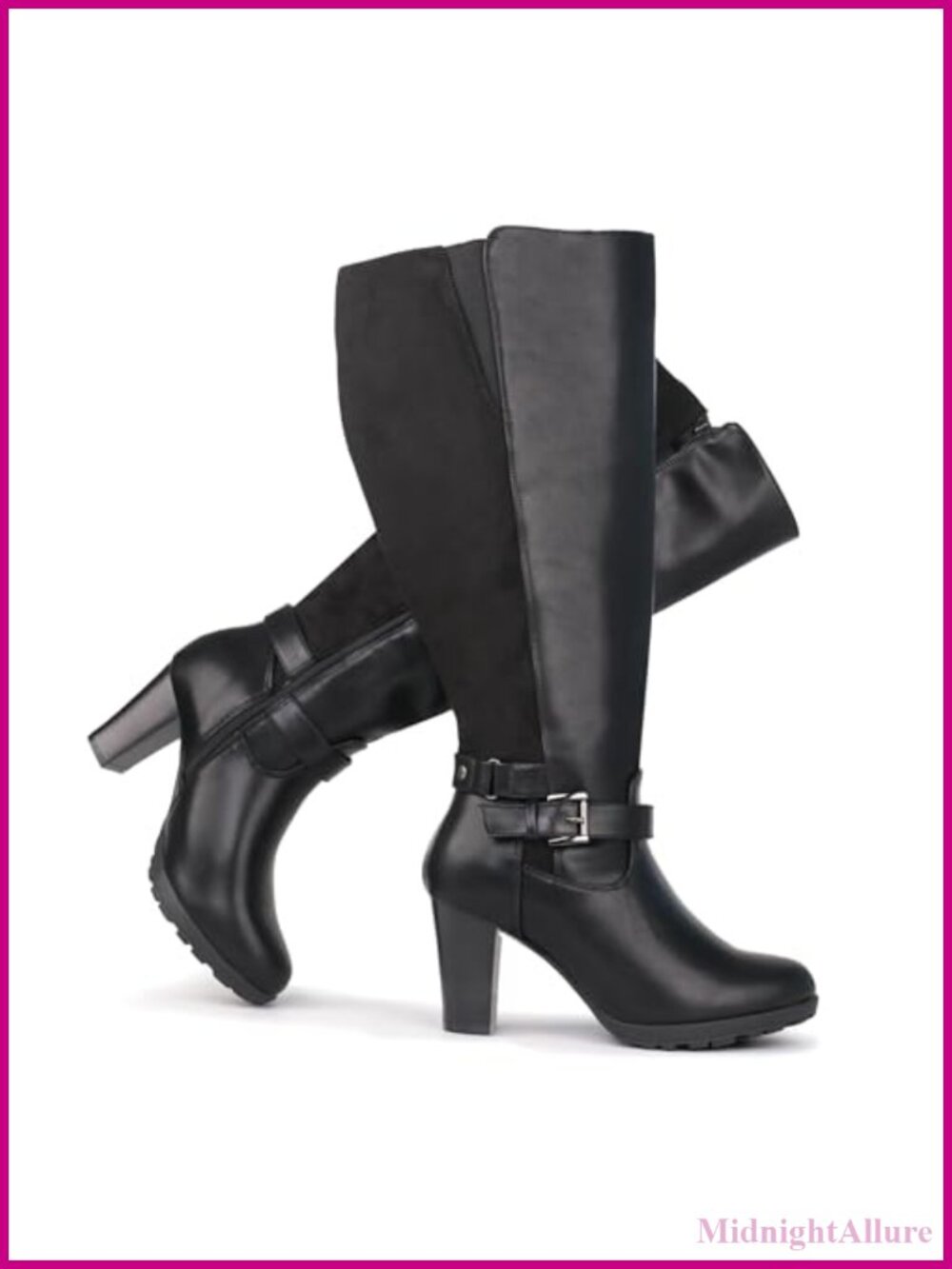 Women's Extra Wide Calf High Heel Dress Boots Ankle Buckle Knee High